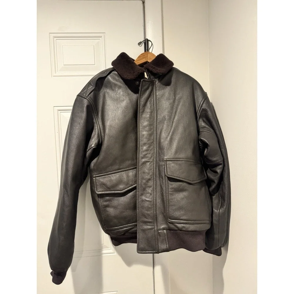 Vintage LL Bean Goat Skin Leather Bomber Jacket Mens L Black Sherpa Lined